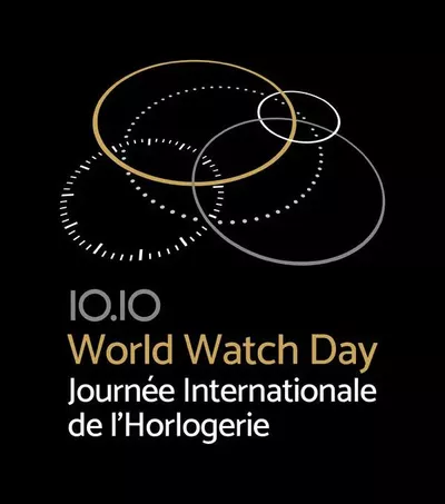 Affiche noire du World Watch Day avec des cercles évoquant des cadrans de montre et l’inscription « 10.10 – Journée Internationale de l’Horlogerie ».