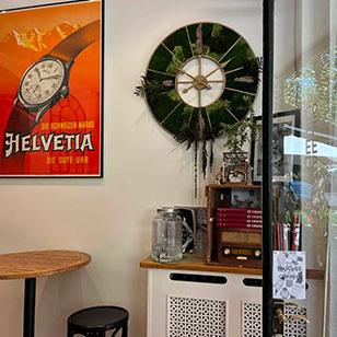 Interior of Coffee Up in Geneva with watch-inspired decor